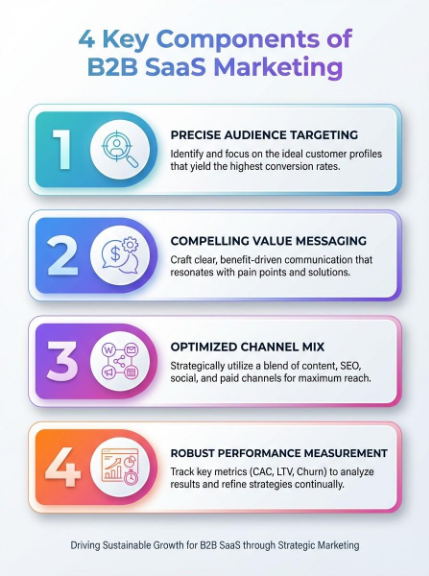 4 key components of B2B SaaS marketing: strategy, demand generation, product-led growth, and metrics.